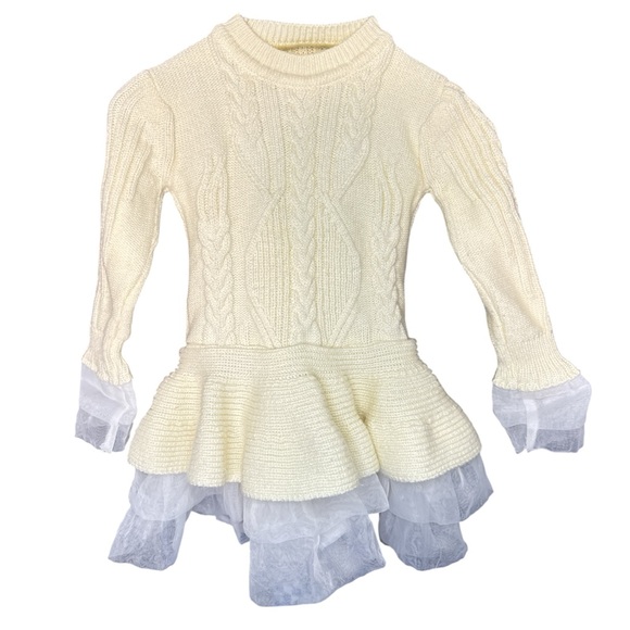 Toddler 2T 3T Winter Knit Dress Cream w/White Chiffon Layers Long Sleeve Dress - Picture 1 of 7